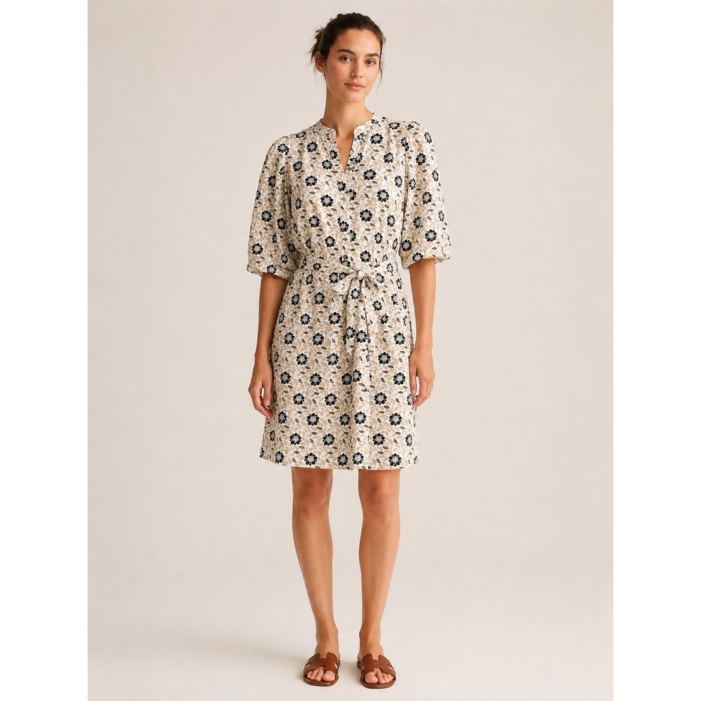 Ann Taylor Floral Tie Waist Shirt Dress L Linen Blend Cottagecore Tan Black Midi